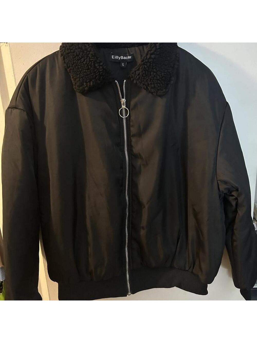 Brand new Eilly Bazar black bomber jacket with faux fur collar, size L